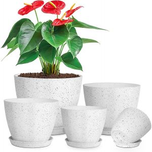 ERYI-Lot De 5 Pots De Fleurs En Plastique De 19/16,5/14,5/12,5/10,5 Cm, Pots De Fleurs Avec Plusieurs Trous De Drainage Et Soucoupe, Pots De Fleurs Modernes Et Distinctifs D'Intérieur, Légers - Neuf