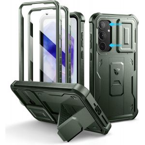 Pour Coque Samsung Galaxy A35[Double Cadre Avant Et Support] Avec Cam&eacute;ra Coulissante Int&eacute;gr&eacute;e & Protecteur D'&eacute;cran,Coque De Protection Robuste R&eacute;sistante Aux Chocs-Vert Militaire - Neuf