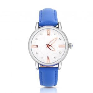 Montre Analogique A Quartz Etanche Pour Femme Avec Bracelet En Cuir (Camelia Et Bracelet Bleu) - Neuf
