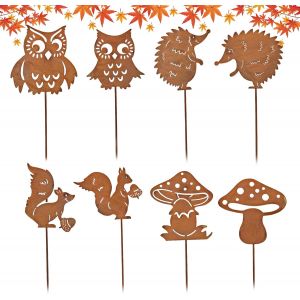 Mevronisshop-Piquet De Jardin Decoratif En M&eacute;tal Automne, 8pcs Thanksgiving Rouill&eacute; Pique De Jardin, D&eacute;coration Automne, Forme H&eacute;risson Chouette &Eacute;cureuil Champignons Ext&eacute;rieures Balcon (A) - Neuf