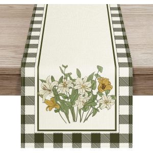 Chemin De Table D&eacute;coratif D'&eacute;t&eacute; 33 X 180 Cm (Motif &Agrave; Carreaux De Feuilles Vertes), Chemin De Table En Toile De Jute Pour Mariage, &Eacute;t&eacute;, F&ecirc;te D'automne, D&eacute;coration De Table En Ext&eacute;rieur - Neuf