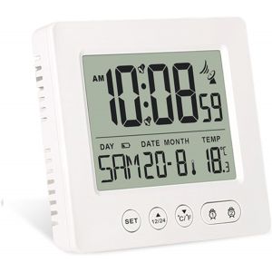 ERYI-Réveil Numérique Radio-Piloté Avec Thermomètre, Calendrier, Lumière, Température, Semaine, Affichage De La Date, Deux Heures De Réveil Indépendantes, Réglage Automatique De L'Heure - Neuf