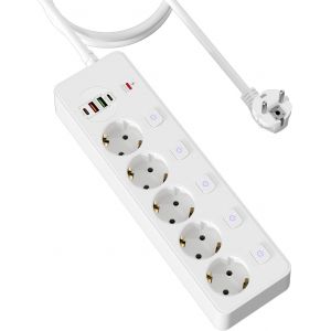 Multiprise avec 4 USB, 5 Prises Multiprise avec Interrupteur Individuel et Parafoudre, Prise Multiple Multiprises Murale avec PD20W et QC3.0, C&acirc;ble 1.8m 3250W/13A pour Bureau Cuisine-Blanc - Neuf