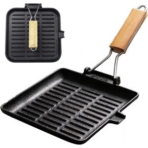Subzonal-Po&ecirc;le &Agrave; Steak En Fonte Avec Poign&eacute;e Pliable En Bois - Po&ecirc;le &Agrave; Griller En Fonte Pr&eacute;&eacute;pic&eacute;e - Po&ecirc;le Carr&eacute;e En &Eacute;mail - Facile &Agrave; Nettoyer - Pour Tous Les Types De Plaques De Cuisson (20 &times; 20 Cm) - Neuf