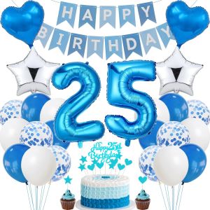 Décoration D'anniversaire 25e Anniversaire, Décoration De Gâteau Bleu Anniversaire 25 Ans Hommes, Décoration De Fête Argentée, 25 Ans Pour Femmes Et Hommes, Décoration De Gâteau 25 Ans Homme - Neuf