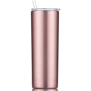 Tianyi-U2013 Gobelet Fin À Double Paroi En Acier Inoxydable 18/8 Avec Paille Et Couvercle, Tasse De Voyage Isotherme Pour Garder Les Boissons Froides Et Chaudes (Or Rose, 570 Ml) - Neuf