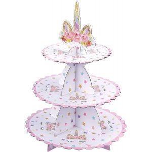 (30*35cm) Présentoir à cupcakes Licorne 3 étages en carton pour fête prénatale, anniversaire d'enfant, fête à thème - Neuf