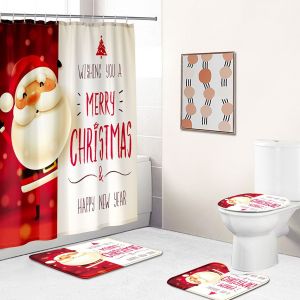 4 Pcs No&euml;l Santa Claus Rideau De D&eacute;finir Avec Anti-D&eacute;rapant Tapis, Toilette D'un Couvercle Et Tapis De Bain, No&euml;l Poup&eacute;e De No&euml;l Rideaux De Douche Avec 12 Crochets, No&euml;l Rideau De Douche Sets De Sal - Neuf