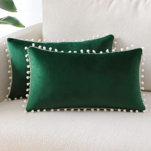 (30x50 cm, Vert Fonce) Ensemble de 2 en Velours Doux Decoratifs, Housses de Coussin avec des Pompons Decoration de la Maison Taies d'oreiller Canape-Lit President de Chambre a coucher Salle de Sejour - Neuf