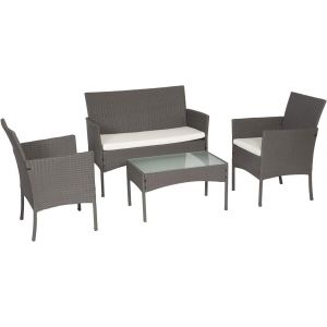 Ulteronixshop-Salon De Jardin Cordoue En R&eacute;sine Tress&eacute;e Grise Et Coussins Ivoire. Ensemble Table Et Chaise D'ext&eacute;rieur Pour 4 Personnes. - Neuf