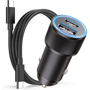 Usb C Car Charger 60 W, Usb Pd&qc3.0 Fast Car Charger Usb Cigarette Lighter Socket Adapter With Usb C Cable For Samsung Galaxy S25 S24 S23 S22, Iphone 16 15 Pro Max/Plus/Pro - Neuf