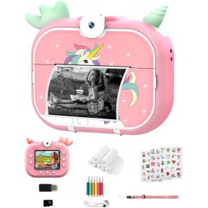 LETNERNY-Appareil Photo Enfant Instantan&eacute;, 2.4"" 1080P Hd Appareil Photo Instantan&eacute; Num&eacute;rique Avec 5 Rouleaux De Papier &Agrave; Imprimer, 48Mp/180&deg; Double Objectif, Cadeau Pour Filles Gar&ccedil;ons 3-12 Ans(Rose) - Neuf
