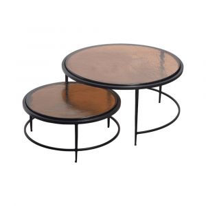 Ensemble tables basses gigogne verre fum&eacute; m&eacute;tal noir Igloo 86x46cm - Neuf