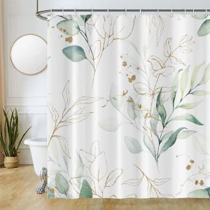KAL-Rideau Douche Anti Moisissure, Rideau De Douche 180X220Cm Vert Feuilles D'Eucalyptus Doré Rideaux De Baignoire Tissu Lavable Imperméable Polyester Rideaux Salle De Bain Avec 12 Crochets - Neuf