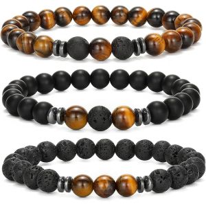 Eryi-Bracelet Homme, 3pcs Bracelets Pour Homme, Bracelet Perle Homme, Bracelet Oeil De Tigre Homme, Bracelet Chakra, Bracelet Pierre De Lave, Bracelet Personnalisé Femme, Bracelet Pierre Naturelle - Neuf