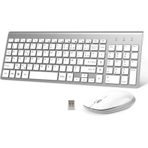 Clavier Souris Sans Fil - Azerty 2.4G Silent Compact Clavier De Souris Pleine Taille Ergonomique Pour Pc/Ordinateur/Laptop/Tv/Windows (Blanc Argenté) - Neuf