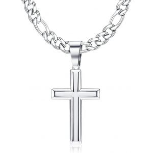 Kal-Pendentif Croix Collier En Argent 925 Avec Cha&icirc;ne Figaro En Acier Inoxydable Taille Diamant Collier Pendentif Croix Biseaut&eacute; D&eacute;licat Tr&egrave;s Poli Collier Pour Homme Femmes - Neuf