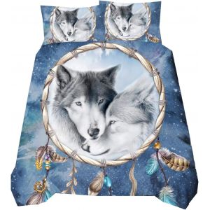 D Animal Tigre Loup Lion Noir Housse De Couette Et Taie D'oreiller, Attrapeur De R¨ºves Plume Microfibre Polyester / Personnes Parures De Lit Avec Fermeture ¨¦Clair (Bleu , _X__Cm) - Neuf