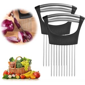 Eryi-2pcs Support À Oignons En Acier Inoxydable Pour Trancher, Gadgets De Cuisine, Coupe Légumes Pour Concombre, Oignon, Tomate, Outil D'aide À La Découpe Pour Viande, Fruits, Avocats - Neuf