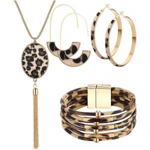 Nouveau Produit,6 Pièces Statement Leopard Women's Jewelry Set Leopard Bracelet En Cuir Imprimé Pendentif En Forme De Larme Earrin - Neuf