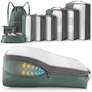 9 Pi&egrave;ces Packing Cubes Compression, Organisateur Val Bagage Sac Compression Organisateur De Voyage Rangement Pour Sac &Agrave; Dos (Vert) - Neuf