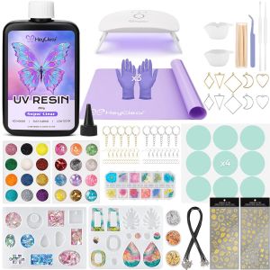 Jexnovashop-250g Kit De Resine Uv Avec Lampe, R&eacute;sine Uv Transparent Comprend Moule Et Mat&eacute;riel De Moulage Pour Cr&eacute;ation De Bijoux, Boucles D'oreilles, Keychains Et D&eacute;corations Diy - Neuf