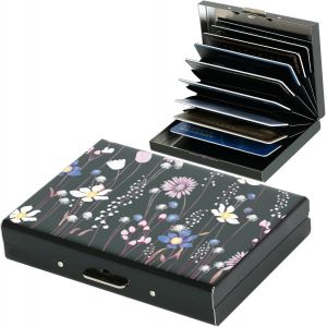 KALANKA-® Portefeuille Porte-Cartes en Métal RFID Pro Max Amélioré pour Hommes et Femmes | 10 Emplacements | Blocage RFID | Design Ultra-Mince (10 Cartes/Noir/Fleur) - Neuf