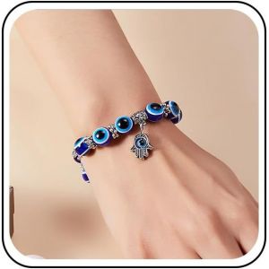 Bracelet Boho En Perles Bleu Turc Mauvais Oeil Bracelet En Perles De Verre Protection Vintage Argent Hamsa Bracelet De Main Cha&icirc;ne De Main Bijoux Pour Femmes Et Filles (Style A) - Neuf