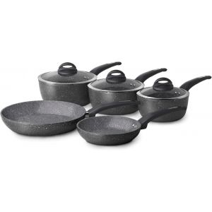 Subzonal-Tower T81276 Cerastone Lot De 5 Po&ecirc;les Et Casseroles Avec Rev&ecirc;tement Antiadh&eacute;sif Et Poign&eacute;es Douces - Batterie De Cuisine - Casseroles Induction 18/20/22 Cm Et Po&ecirc;les Induction 20/28 Cm, Gra - Neuf