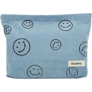 Trousse de toilette de voyage, trousse de maquillage en velours côtelé avec imprimé sourire, rangement imprimé pour femme et fille, bleu - Neuf