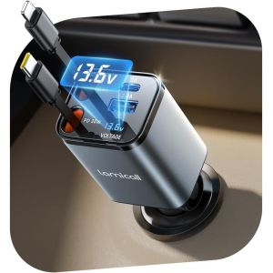 JGD-4 en 1 Chargeur Allume Cigare Voiture USB C - 69W Charge Rapide [Compact] [Indicateur de Tension] 180&deg; Pliable Chargeur Voiture avec 2 C&acirc;bles R&eacute;tractables & Port USB-C/A, pour iPhone/Samsung - Neuf