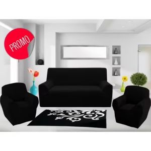 &#34; Set De 3 Housse De Canapé Extensible 3 Places &#43; 2housses De Fauteuils - Noir&#34; - Neuf