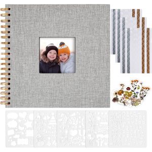 Album Photo Scrapbooking,20,5 x 20,5 cm Album Photo en Lin avec 40 Pages Papier Kraft Blanc Vierge,Kit de Fournitures de Scrapbooking DIY pour Couple B&eacute;b&eacute; Famille Mariage,Gris - Neuf