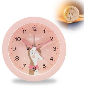 KAL-Réveil Pour Enfant - Sans Tic-Tac - Mignon Dessin Animé - Avec Veilleuse - Réveil Analogique Avec Alarme Douce - Pour La Rentrée Scolaire - Fonctionne Avec Piles (Sans Batterie) - Cerf Rose - Neuf