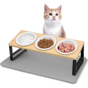 Kalanka-Gamelle Chat, Gamelle Chat Surélevée, 3 Bols Chat Ceramique De Nourriture, Gamelle Pour Chat Avec Support 15° Incliné, Gamelle Pour Chat Et Petits Chiens Mit Tapis Antidérapant - Neuf