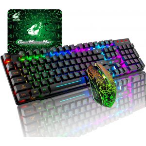 T3 Clavier Souris Sans Fil, Arc-En-Ciel Rétroéclairé 2.4G Sensation Mécanique Rechargeable Clavier De Jeu+Souris De Jeu Led Arc-En-Ciel À 6 Boutons 2400Dpi+Tapis De Souris De Jeu Gratuits (Noir) - Neuf