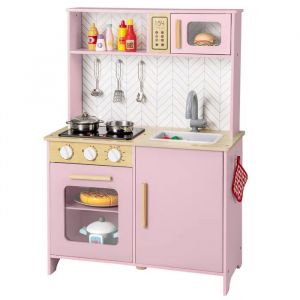 Cuisine pour Enfants COSTWAY en Bois 5 Accessoires avec Lumi&egrave;res & Sons, Micro-Ondes, Evier, Four, 60 x 30 x 85 cm Rose - Neuf