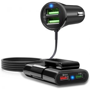 Chargeur de voiture 4 ports multi,QC 3.0 Adaptateur de chargeur de voiture Chargeur de voiture USB pour t&eacute;l&eacute;phone intelligent avec c&acirc;ble de 5FT pour le chargement des si&egrave;ges avant et arri&egrave;re - Neuf