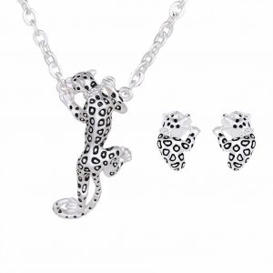 Mode Femme L&eacute;opard Pendentif Collier Et Boucle D'oreille Alliage Zircon Animal Bijoux Ensembles (Argent) - Neuf