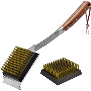 Ulteronixshop-brosse et grattoir pour barbecue, brosse de 43,2 cm pour barbecue ext&eacute;rieur, manche &eacute;tendu en palissandre et 2 t&ecirc;tes de brosse rempla&ccedil;ables en fil de cuivre - Neuf