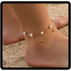 Kal-Double Couche Plage Glitter Cristal Bracelet Cheville Été Pied Accessoires Femmes Et Filles Bijoux (Argent) - Neuf