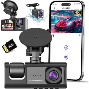 4K Car Dashcam,Front and Rear Wi-Fi,In-Car Camera with 32G SD Card,3 Channels Wide Angle 170°,Night Vision,WDR,G-Sensor,24H Parking Mode,Loop Recording - Neuf