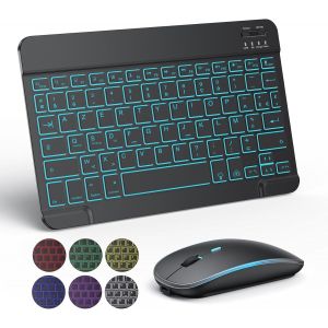 ChenQuanSarl-Clavier Souris Sans Fil Clavier Pour Ipad/Samsung/Lenovo/Iphone Tablette Silent Rétroéclair,Bluetooth Clavier Et Souris Léger Rechargeable Portable Azerty Pour Ios,Android (Noir) - Neuf