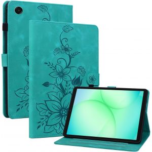 LORANKA-Coque pour Samsung Galaxy Tab A11/A9 SM-X133/X135/X110/X115 8.7 Pouces, Multi-Angles de Visualisation Housse de Protection en Similicuir avec Porte-Carte Couverture Motif Lys, Vert - Neuf