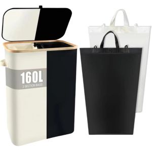 MEVRONISSHOP-Panier a Linge 160L,Corbeille a Linge 2 Compartiment avec Couvercle,Doublure en Maille Amovible Pliable,Gain de Place,Tissu Oxford pour Chambre,Salle de Bain,Buanderie - Neuf