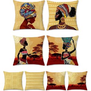 Kalanka-Lot De 4 Housse De Coussin Femmes Africaines 45 X 45 Cm Ethnique Tribal Polyester Lin D&eacute;coratif Taie D'oreiller Pour Canap&eacute; Lit Chaise Maison D&eacute;coration - Neuf