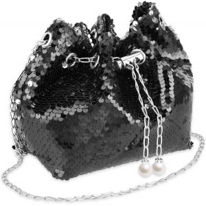 Pochettes de soirée à strass, sac seau, sac de soirée à paillettes noir pour femme, sac à bandoulière avec chaîne pour mariage, loisirs, rendez-vous - Neuf