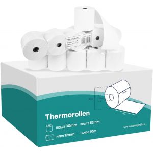 EC-Cash Lot de 5 rouleaux de papier thermique,57 mmx30 mmx12 mm,pour système de caisse,imprimante EPOS et terminal POS-Papier d'impression zéro blanc sans BPA-10 m - Neuf