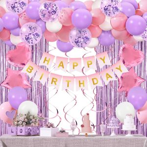 CAUC-D&eacute;coration Anniversaire Rose Et Violet - Kit 50 Ballons, Banderole, Rideau Frange Pour Fille - Neuf