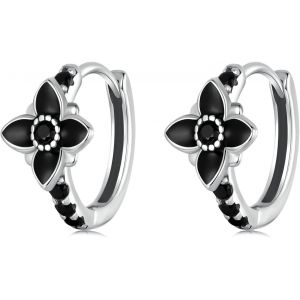 Chenquansarl-Créoles Fleur Boucles D'oreilles Noir En Argent Sterling 925, Creole Fleurs Vintage Huggie Noire Zirconium Boucle D'oreille Petite Bijoux Cadeaux Pour Femmes Et Filles - Neuf